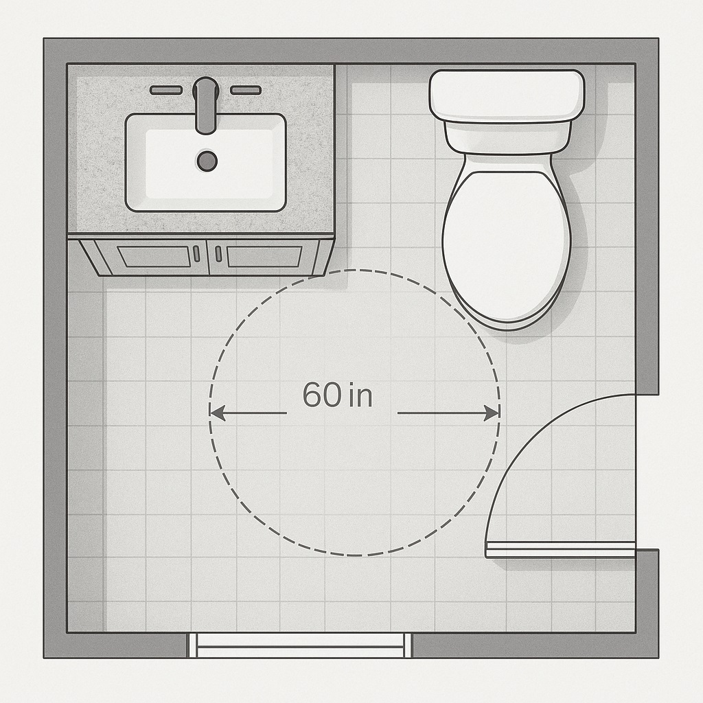 Restroom layout showing vanity, faucet, and turning radius overlay